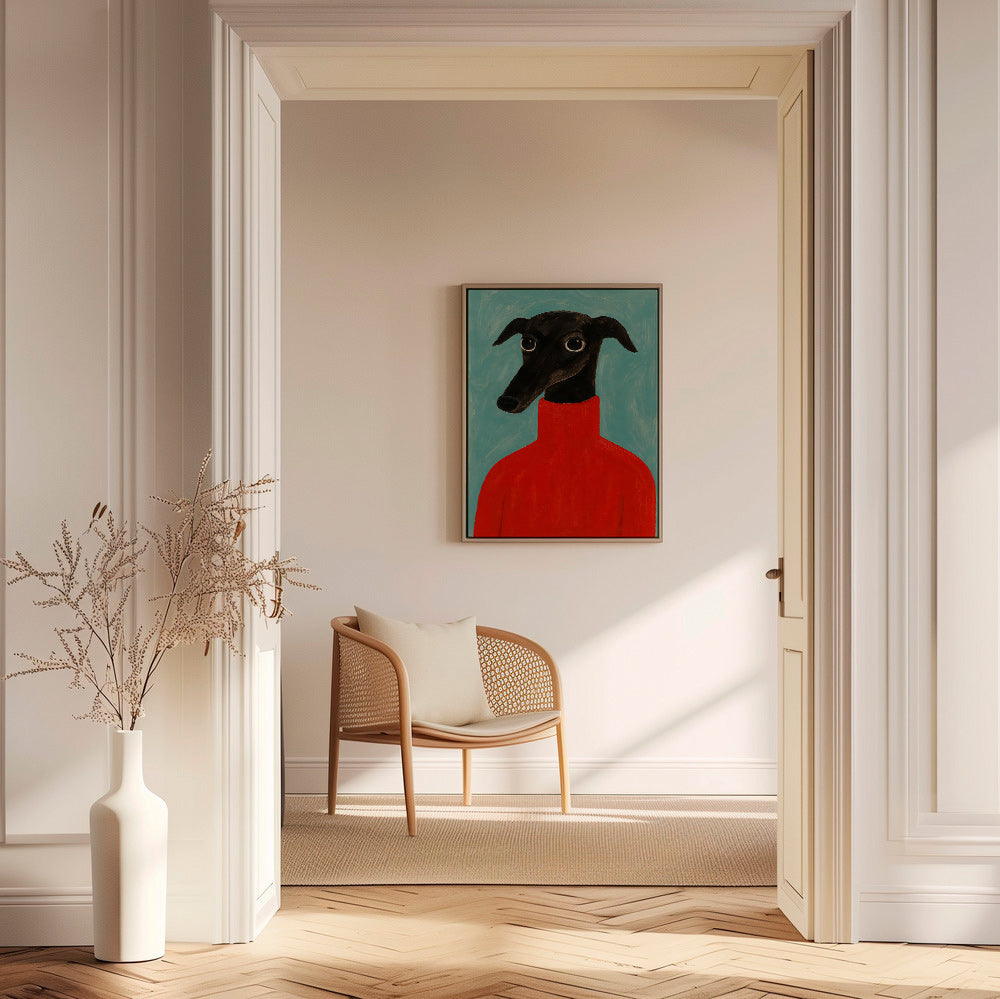 Windhondportret met rood truitje – Canvas1