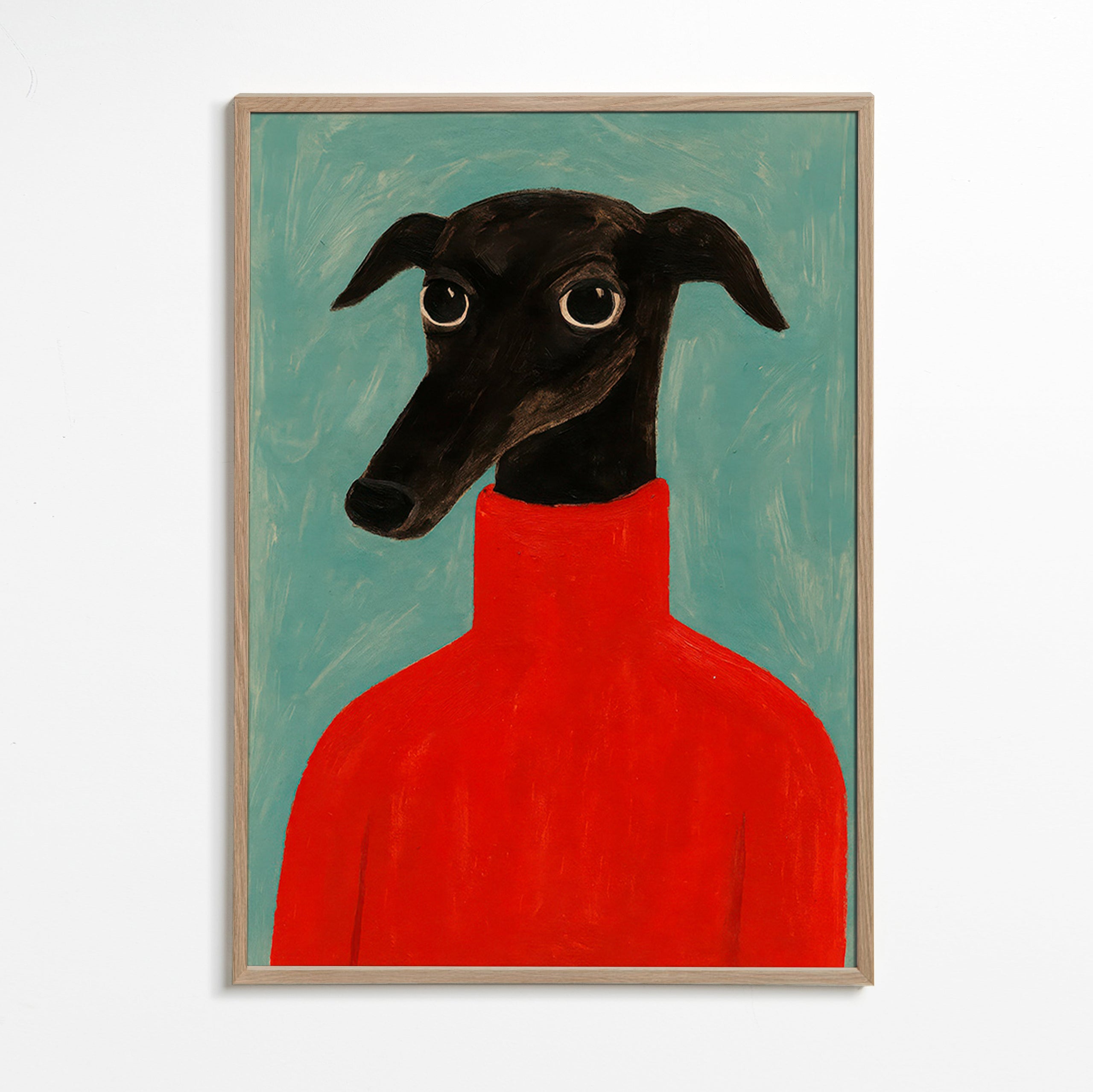 Windhondportret met rood truitje – Oak Frame
