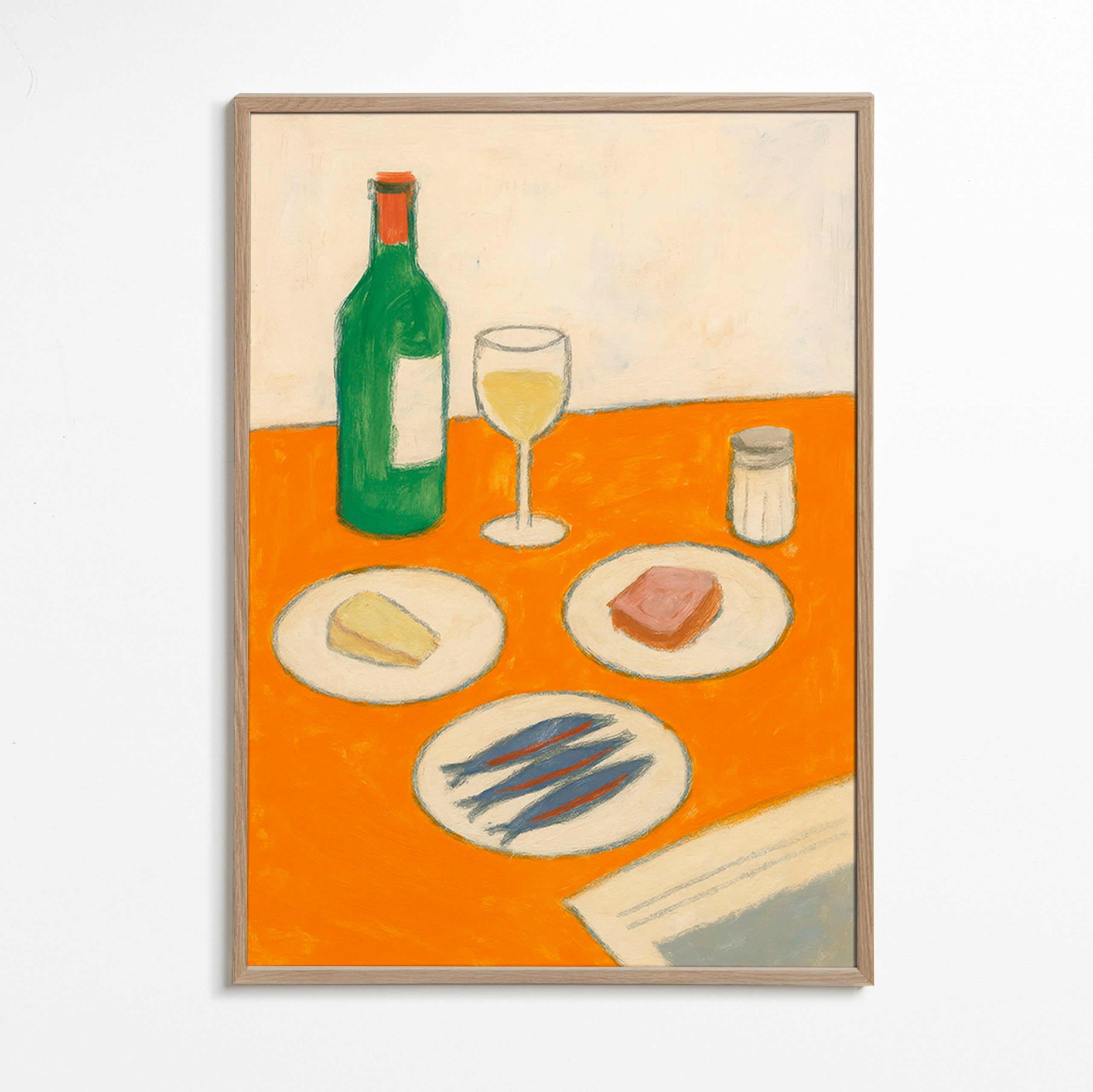 Cuadro de cocina con sardinas y copa de vino – Oak Frame