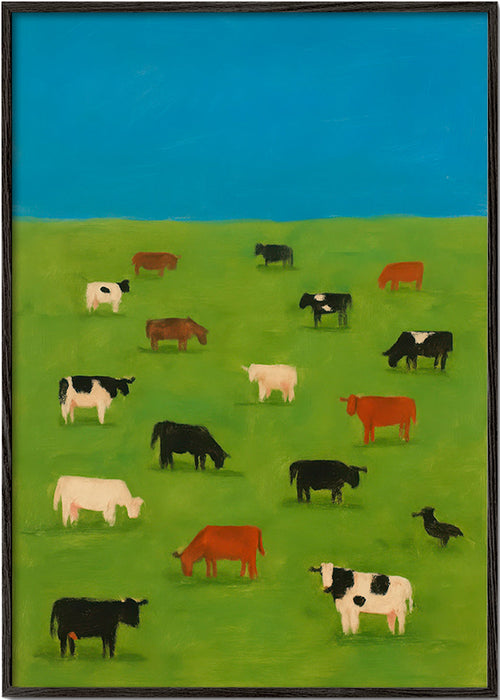 Schilderij van grazende koeien in groene wei – Black Frame