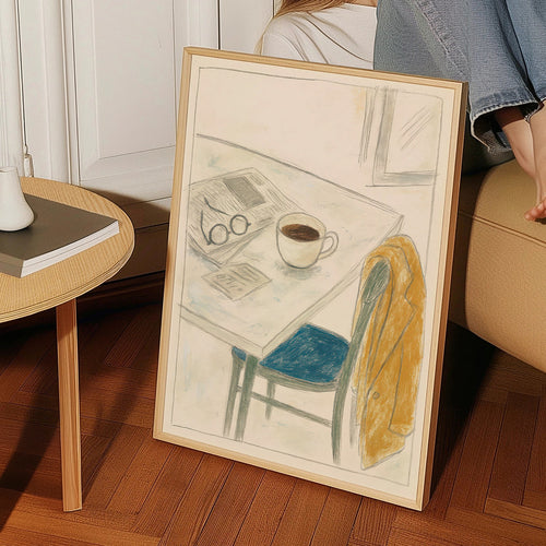 Keuken kunst met kop en jas over stoel – Product1