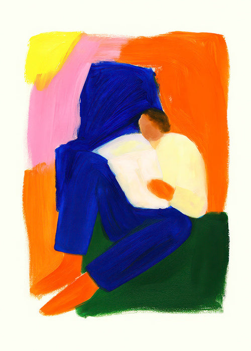 Illustratie van zittend figuur in levendige kleuren