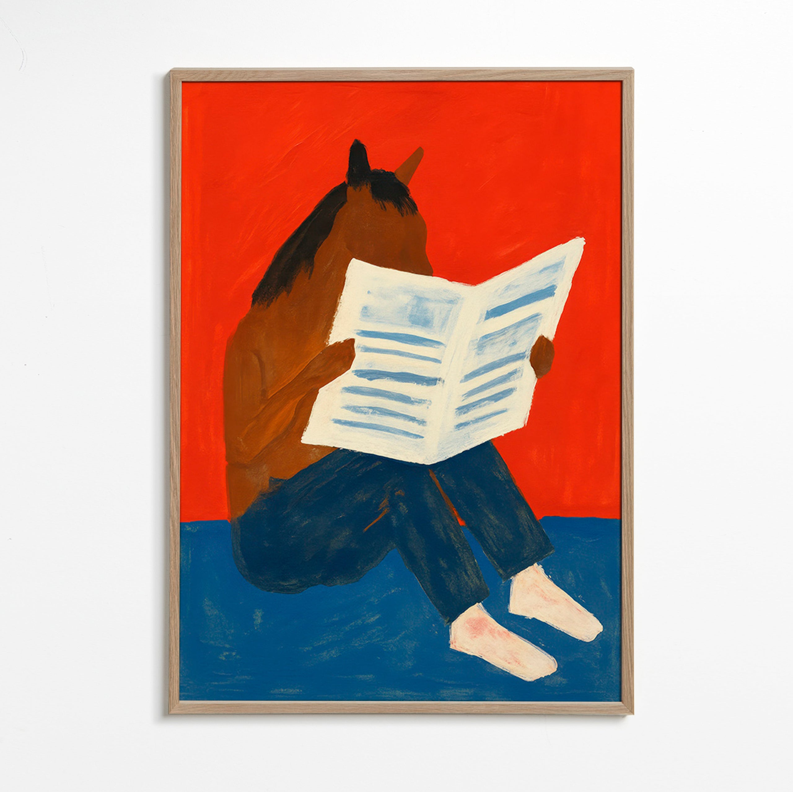 Kunstwerk: paard leest krant – Oak Frame