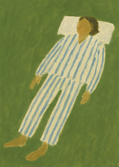 Illustratie van figuur liggend in gestreepte pyjama