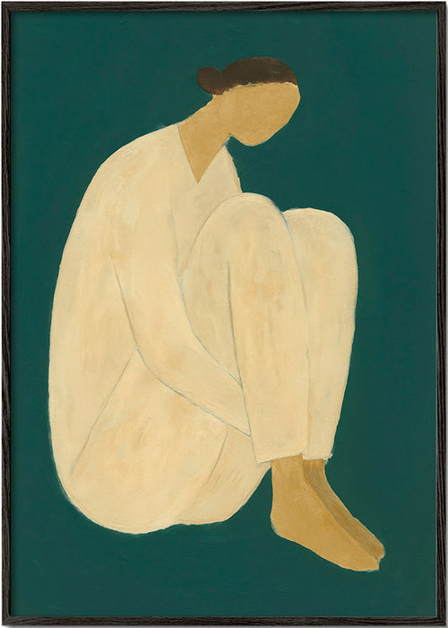 Minimalistisch kunstwerk met zittend figuur op groene achtergrond – Black Frame