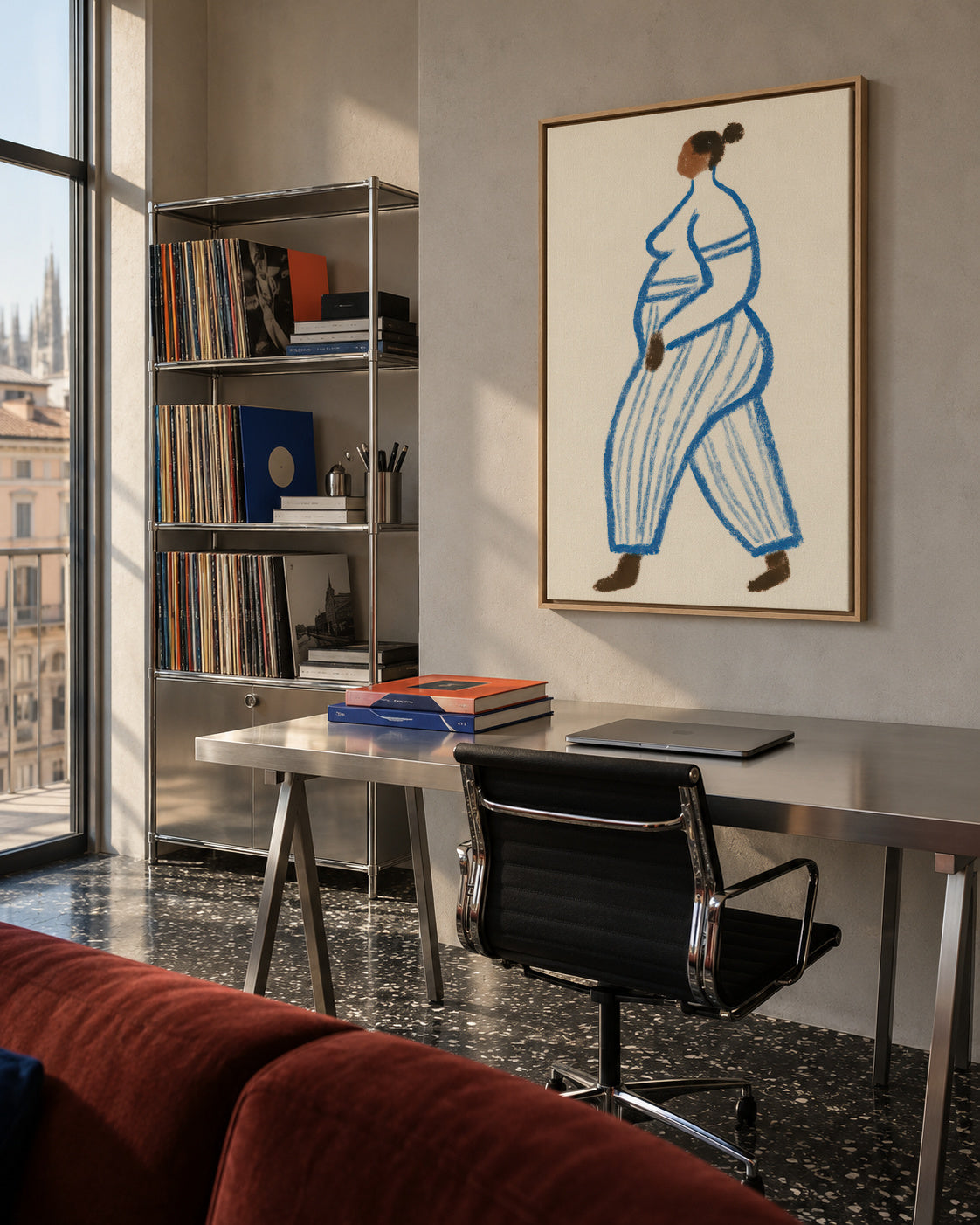 Blue Stripes Walk - Framed canvas in an interior