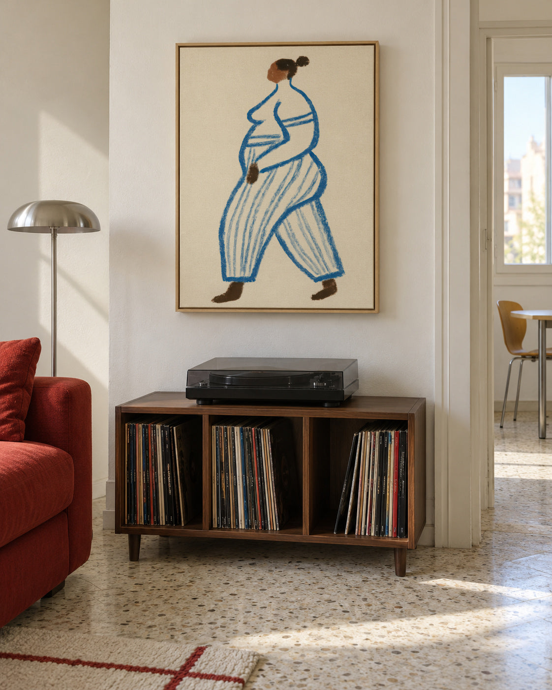 Blue Stripes Walk - Framed canvas in an interior
