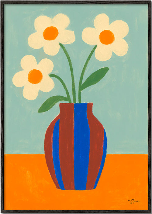 Botanische poster met gestreepte vaas en crèmekleurige bloemen – Black Frame