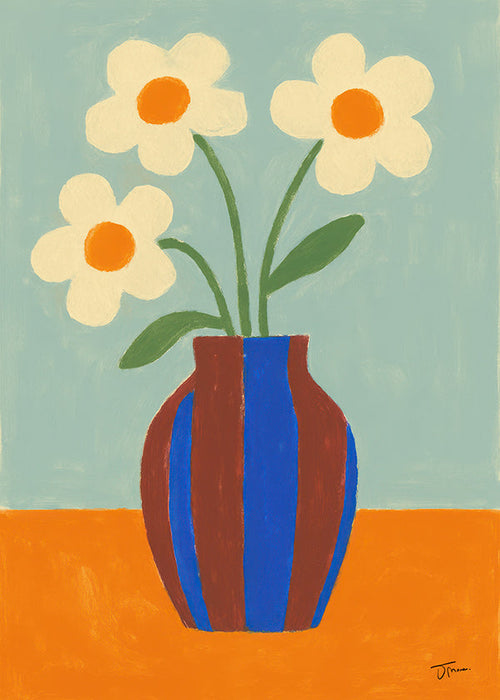 Botanische poster met gestreepte vaas en crèmekleurige bloemen