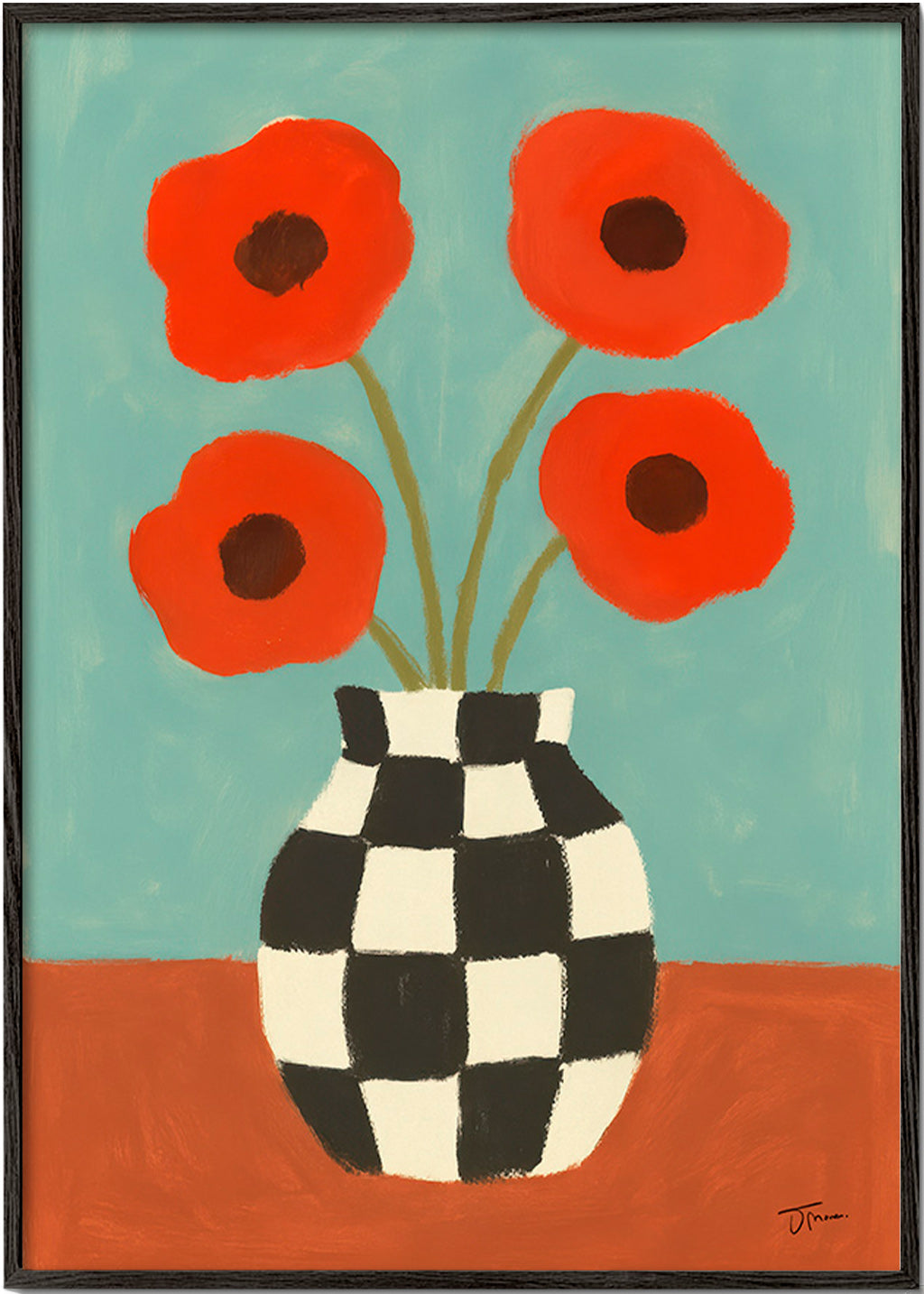 Botanische print met klaprozen in dambordvaas – Black Frame