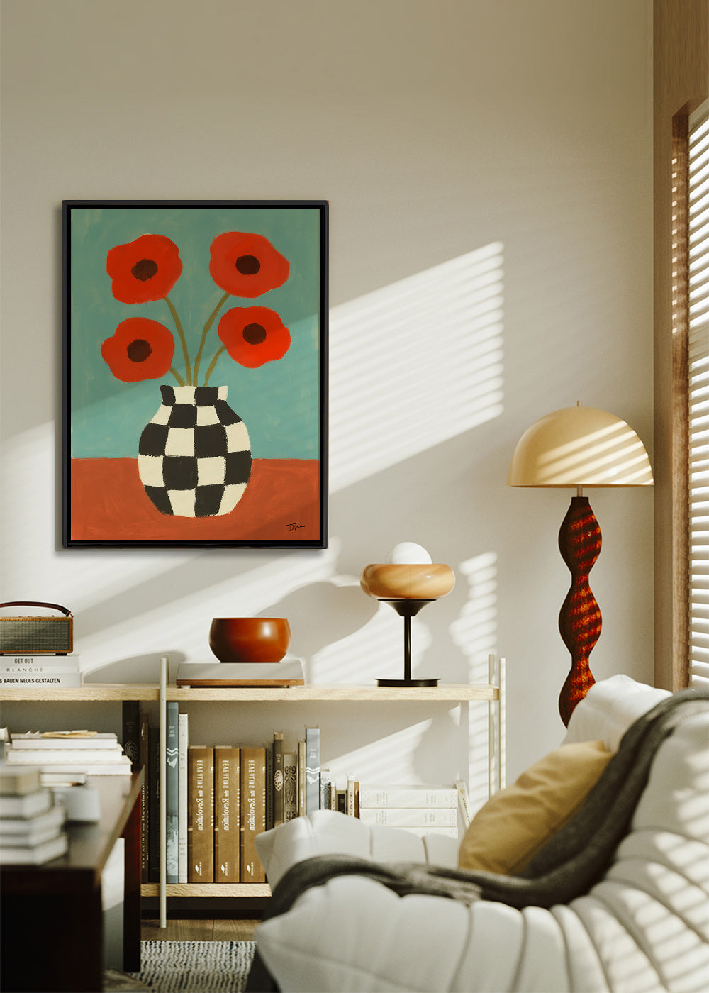 Botanische print met klaprozen in dambordvaas – Canvas1