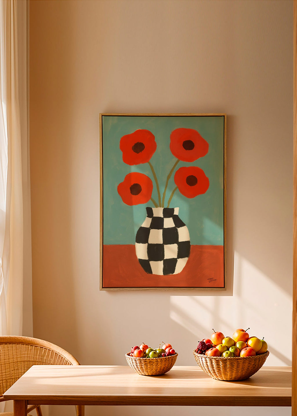 Botanische print met klaprozen in dambordvaas – Canvas2