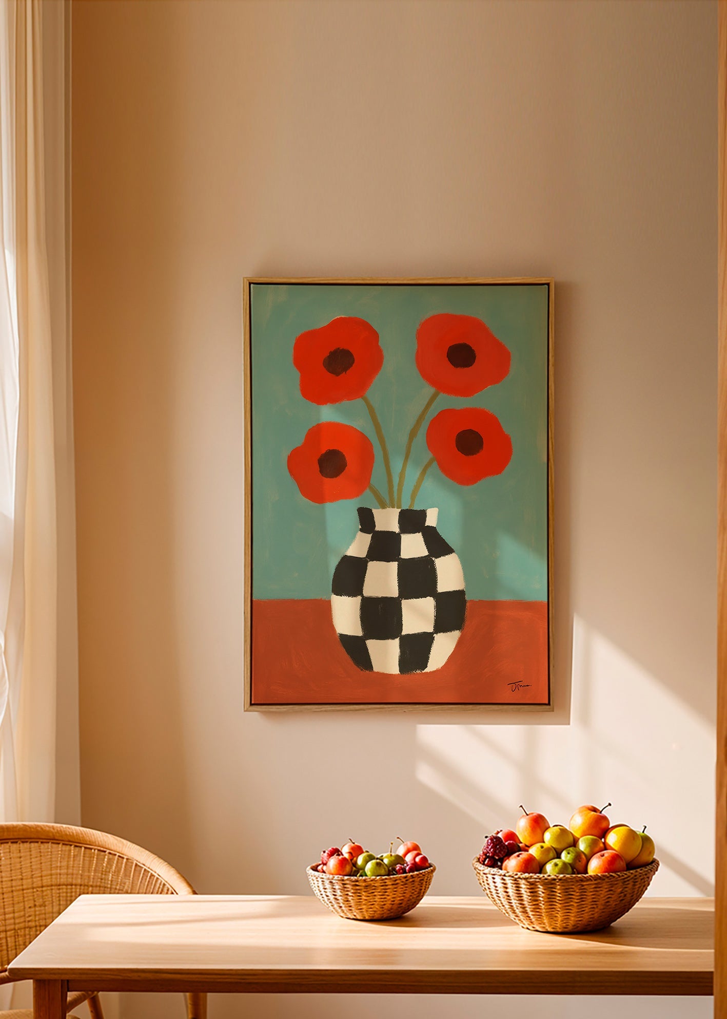 Botanische print met klaprozen in dambordvaas – Canvas2