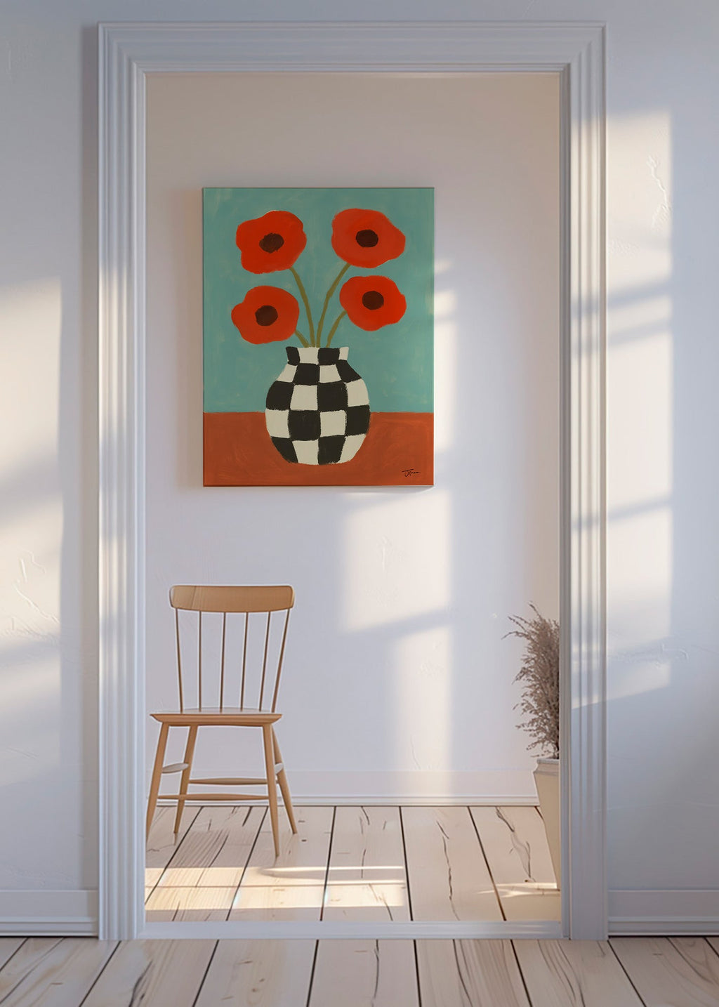 Botanische print met klaprozen in dambordvaas – Canvas
