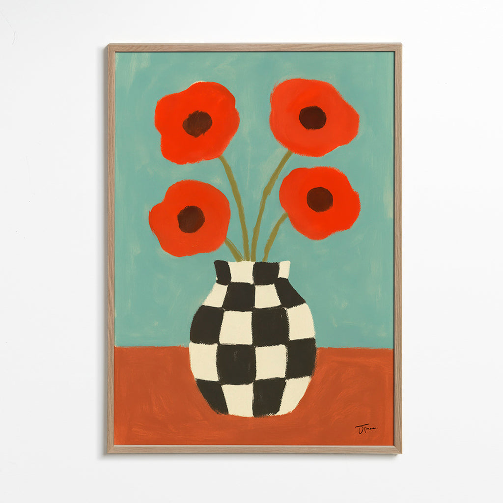 Botanische print met klaprozen in dambordvaas – Oak Frame