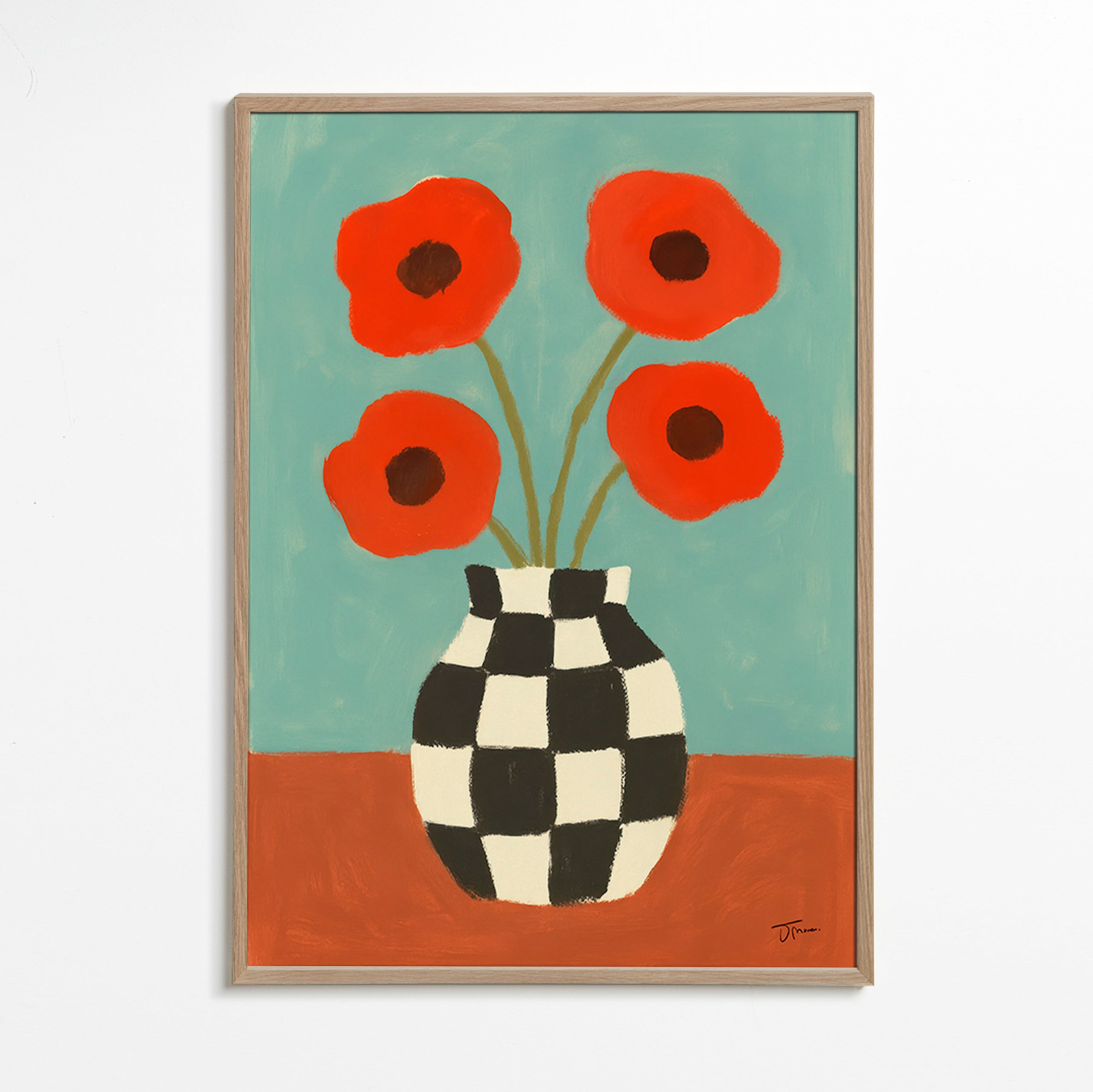 Botanische print met klaprozen in dambordvaas – Oak Frame