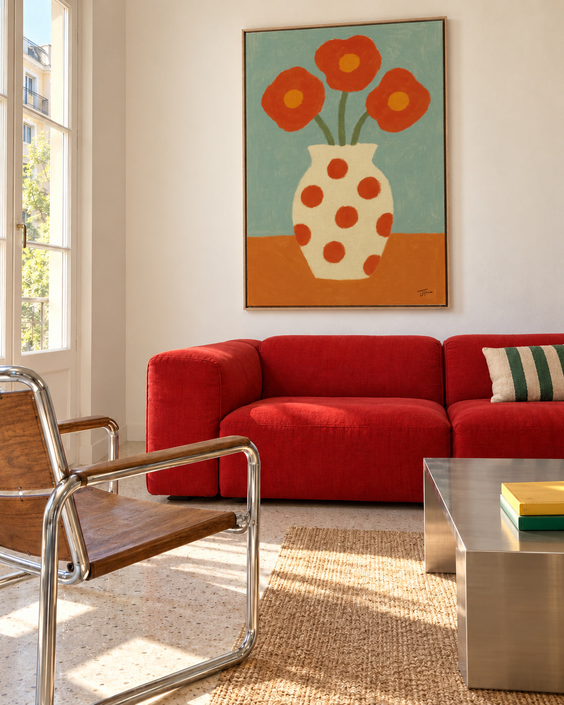 Red Polka Dots - Framed canvas in an interior