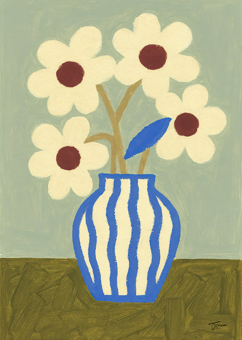 Botanische poster blauwe vaas met gestileerde bloemen