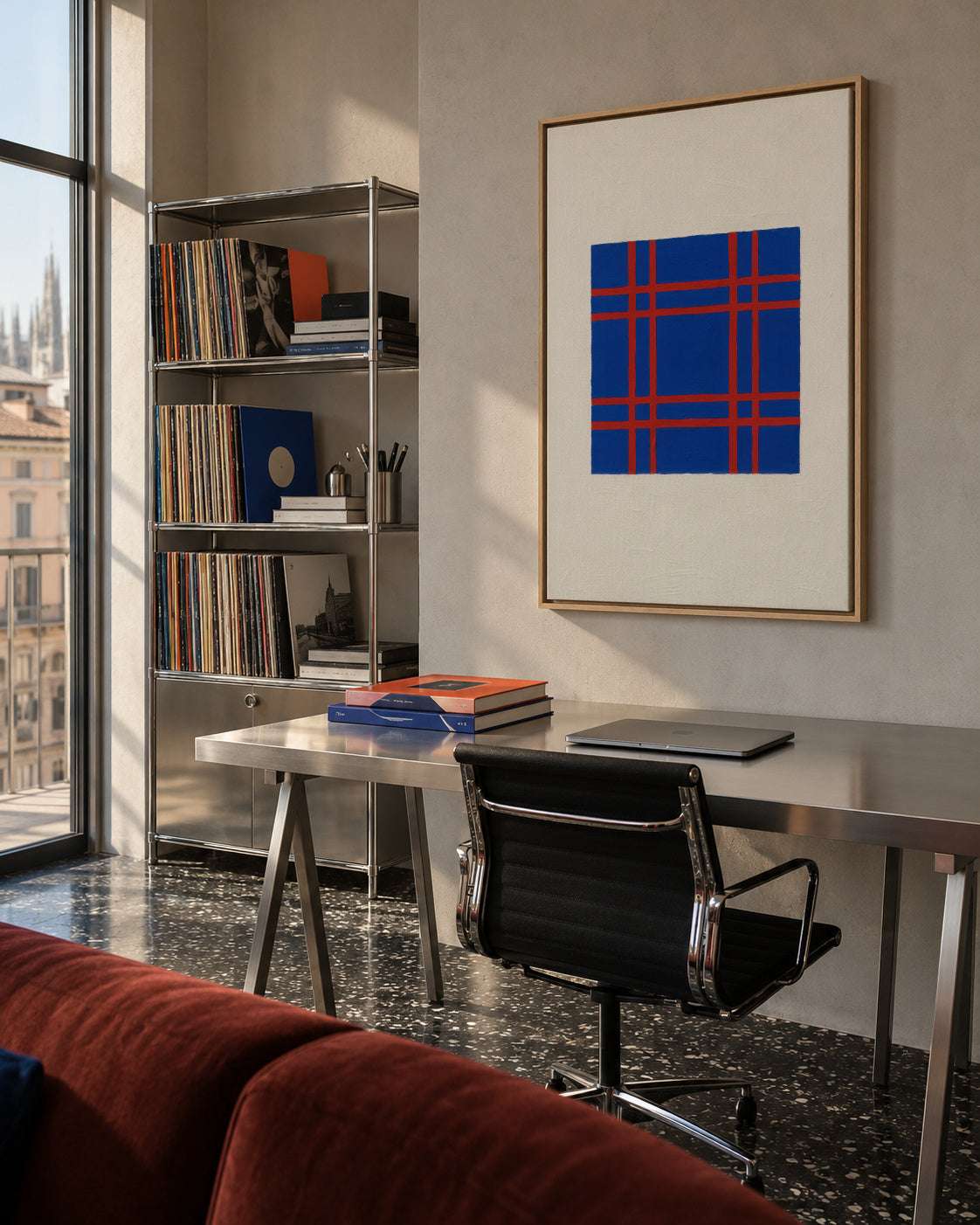 Cobalt Plaid - Framed canvas in an interior