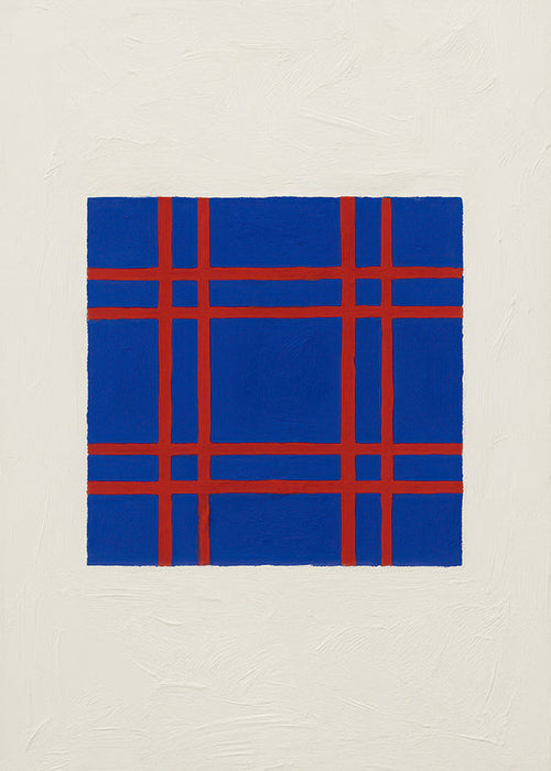 Geometrisch kunstwerk blauw met rood raster