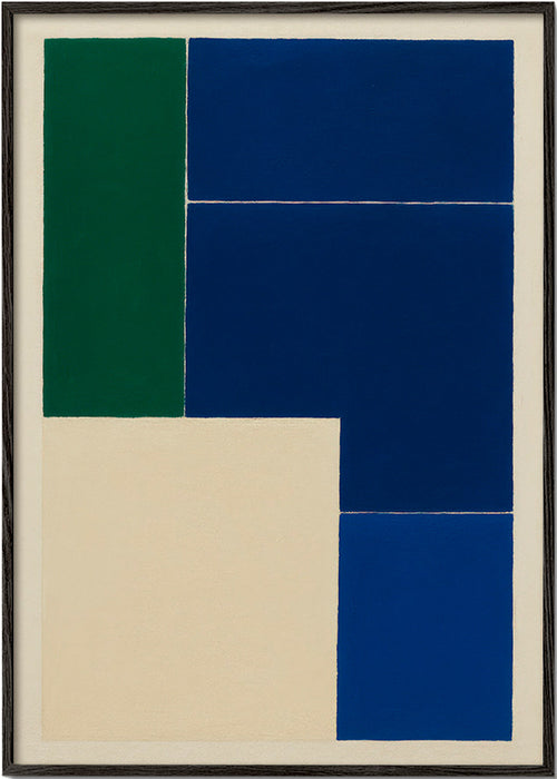 Geometrische poster met blauwe en groene blokken – Black Frame