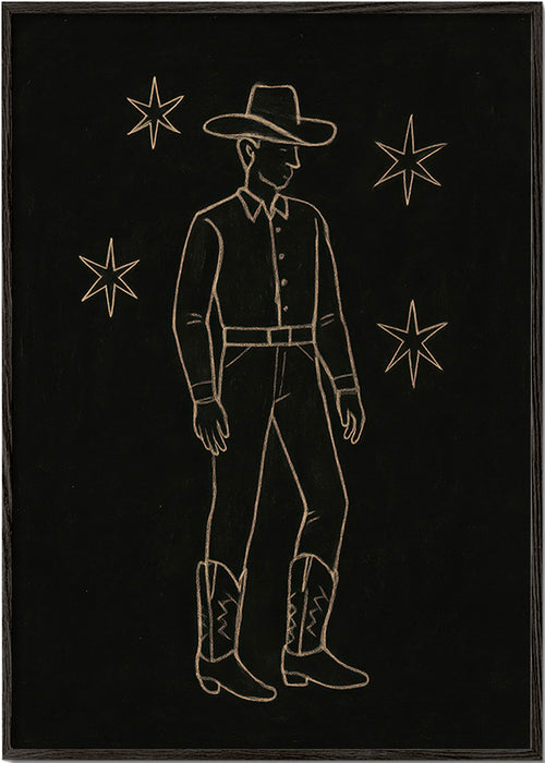 Illustratie cowboy lijntekening in goud – Black Frame