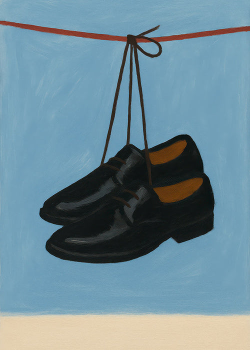 Illustratie van hangende schoenen op blauwe achtergrond