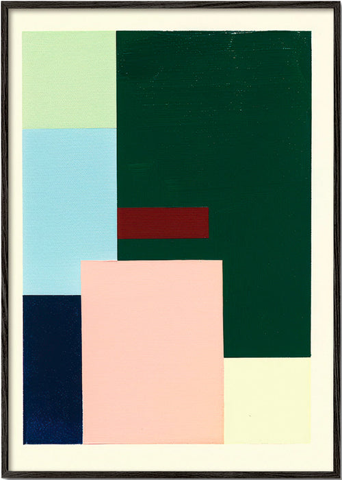 Geometrisch schilderij diep groen en zacht roze – Black Frame