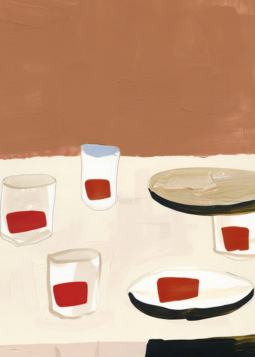 Keuken kunst met glazen en borden