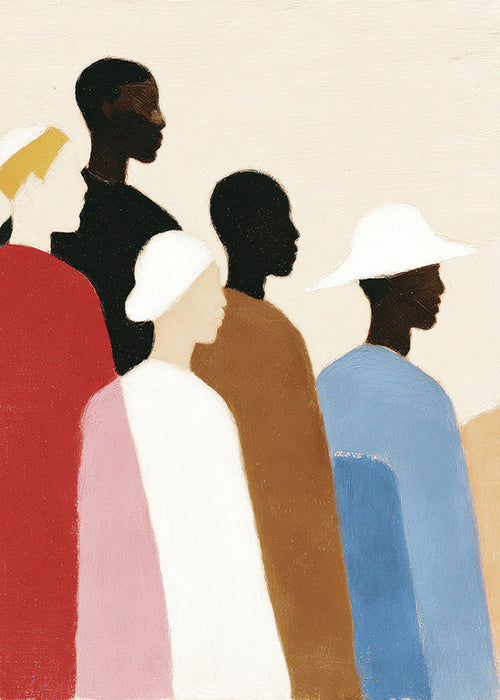 Abstract kunstwerk met op een rij staande figuren