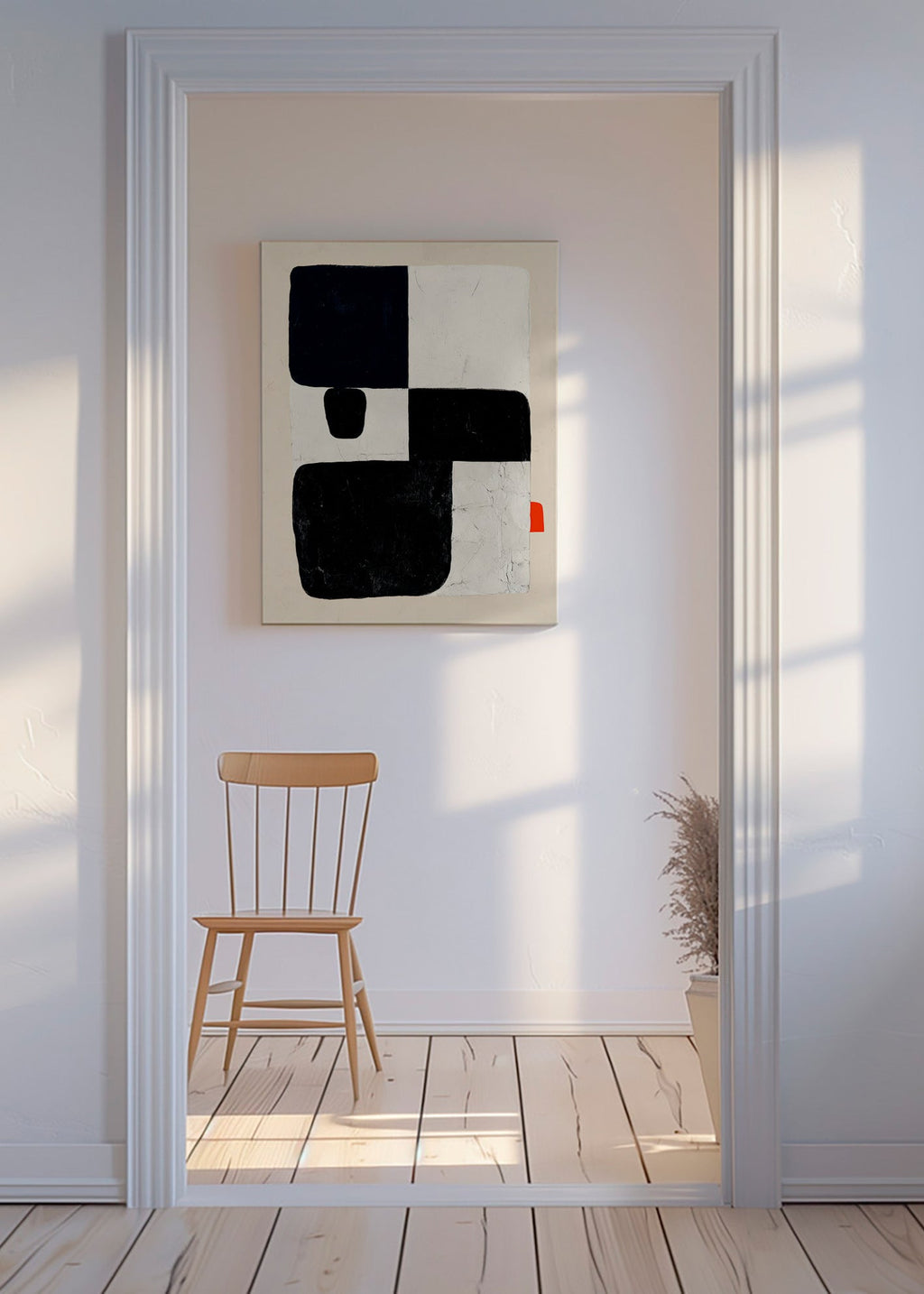 Geometrische poster met zwarte vlakken en rood accent – Canvas