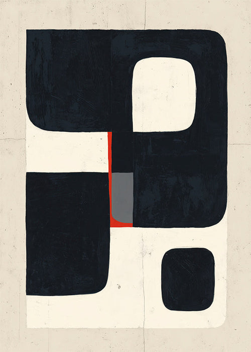 Geometrische poster met zwarte blokken en rood detail