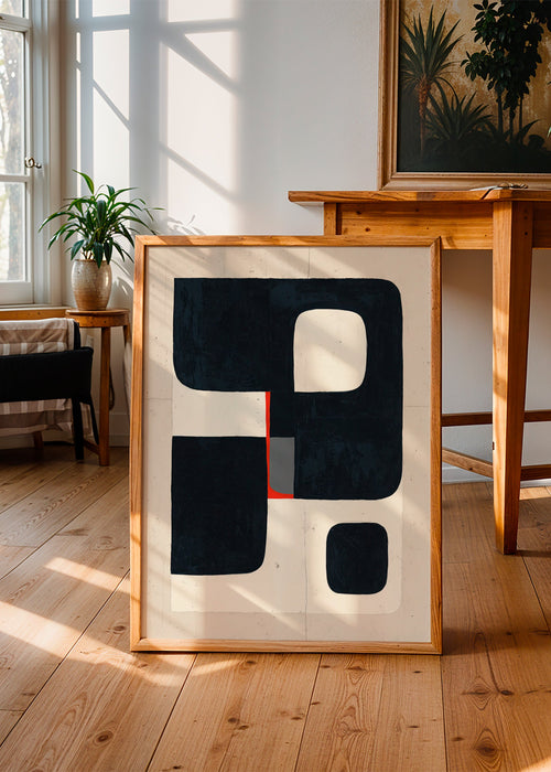 Geometrische poster met zwarte blokken en rood detail – Product1