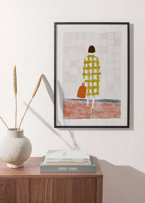 Illustratie van vrouw van achteren met ruitjas – Product1