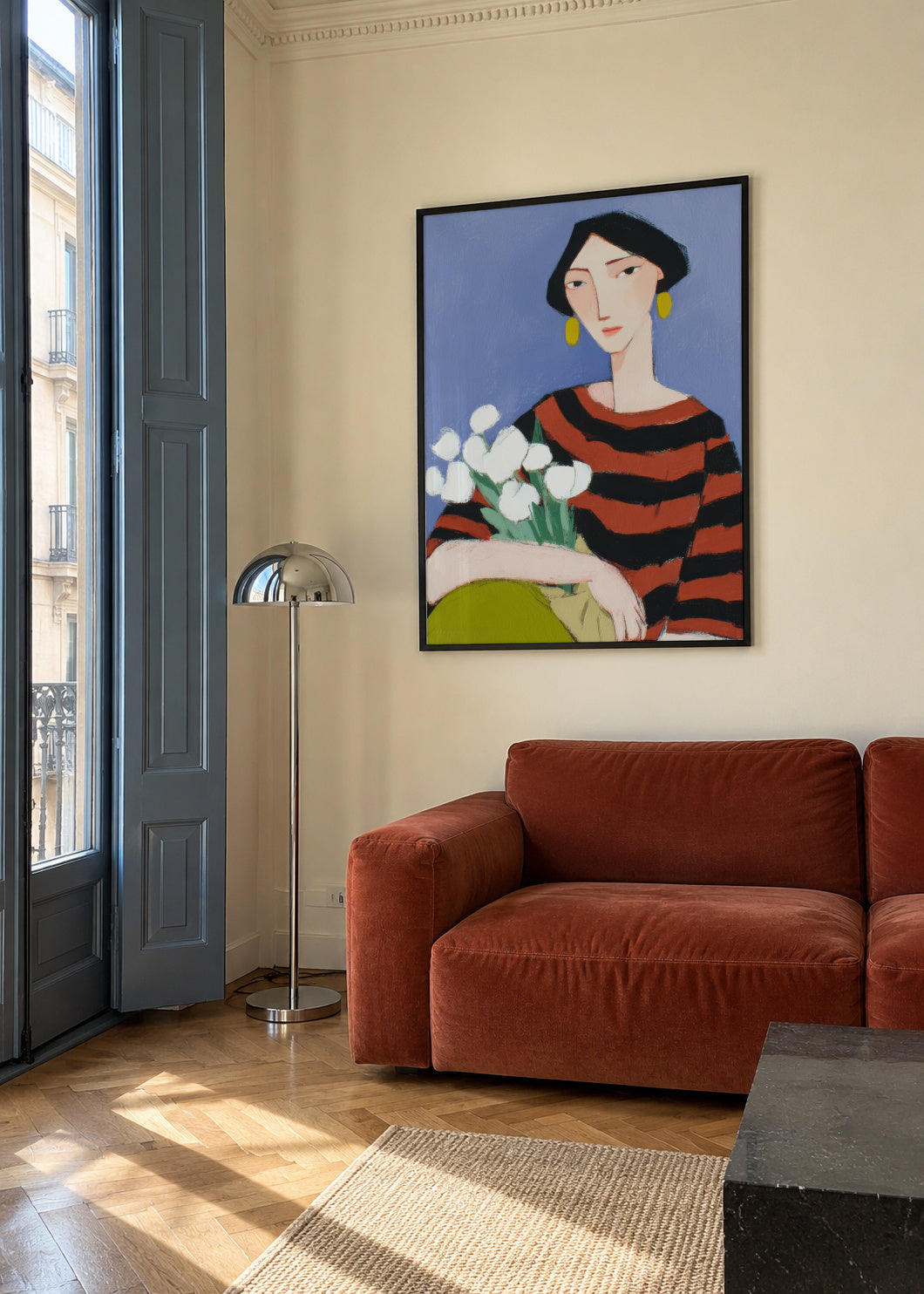 Portrait with White Tulips - Framed poster in an interior
