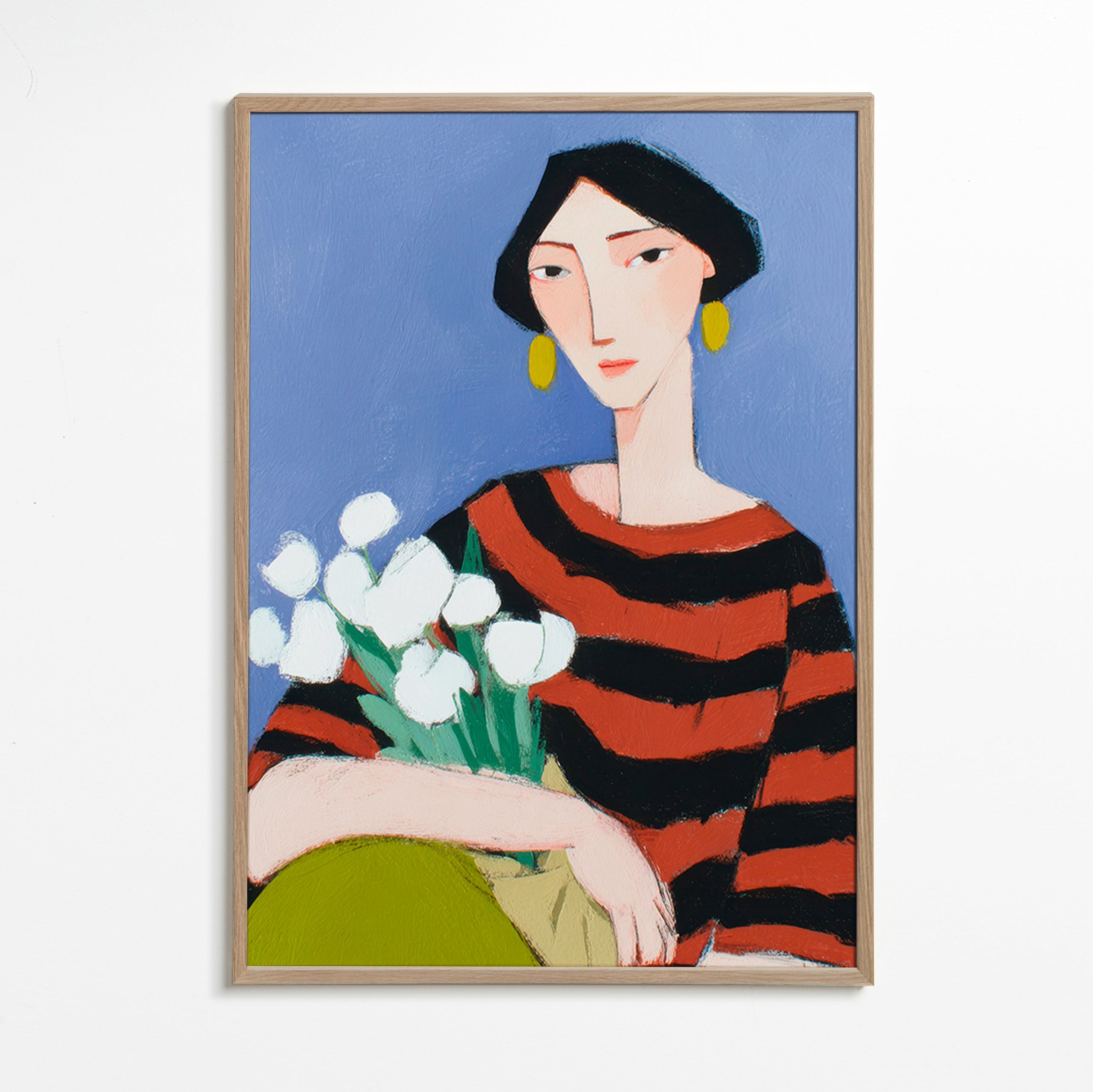 Illustratie vrouw met witte tulpen – Oak Frame