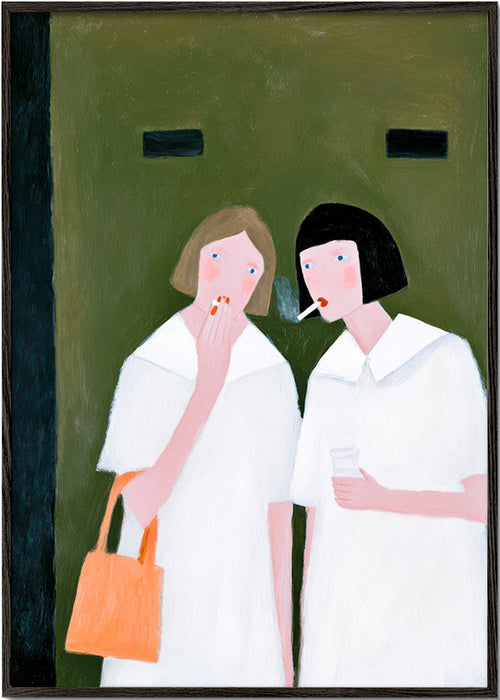 Illustratie van twee figuren rokend in zachte tonen – Black Frame