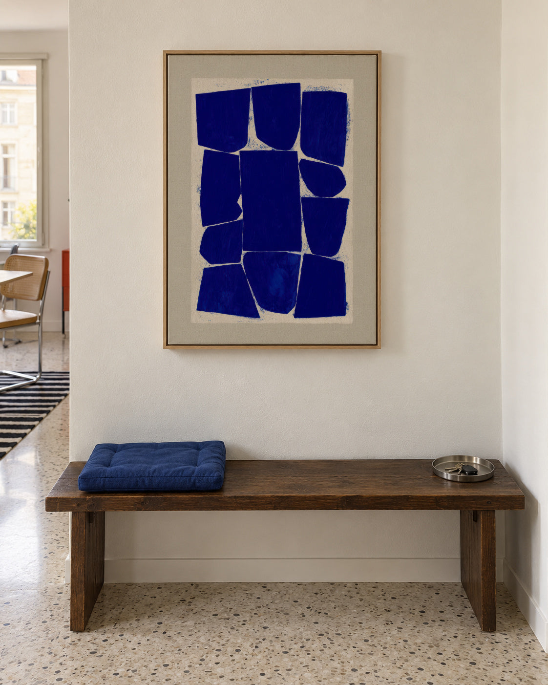 Indigo Mosaic II - Framed canvas in an interior