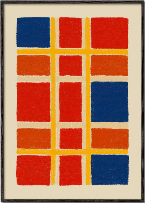 Geometrische posterrooster met rode en blauwe vlakken – Black Frame