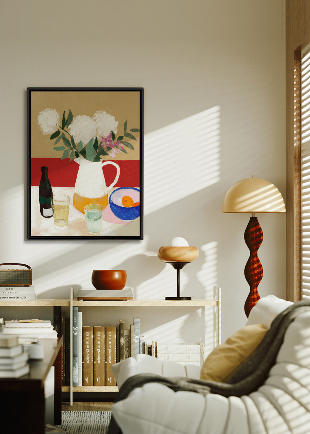 Botanische poster met vaas en witte bloemen – Canvas1