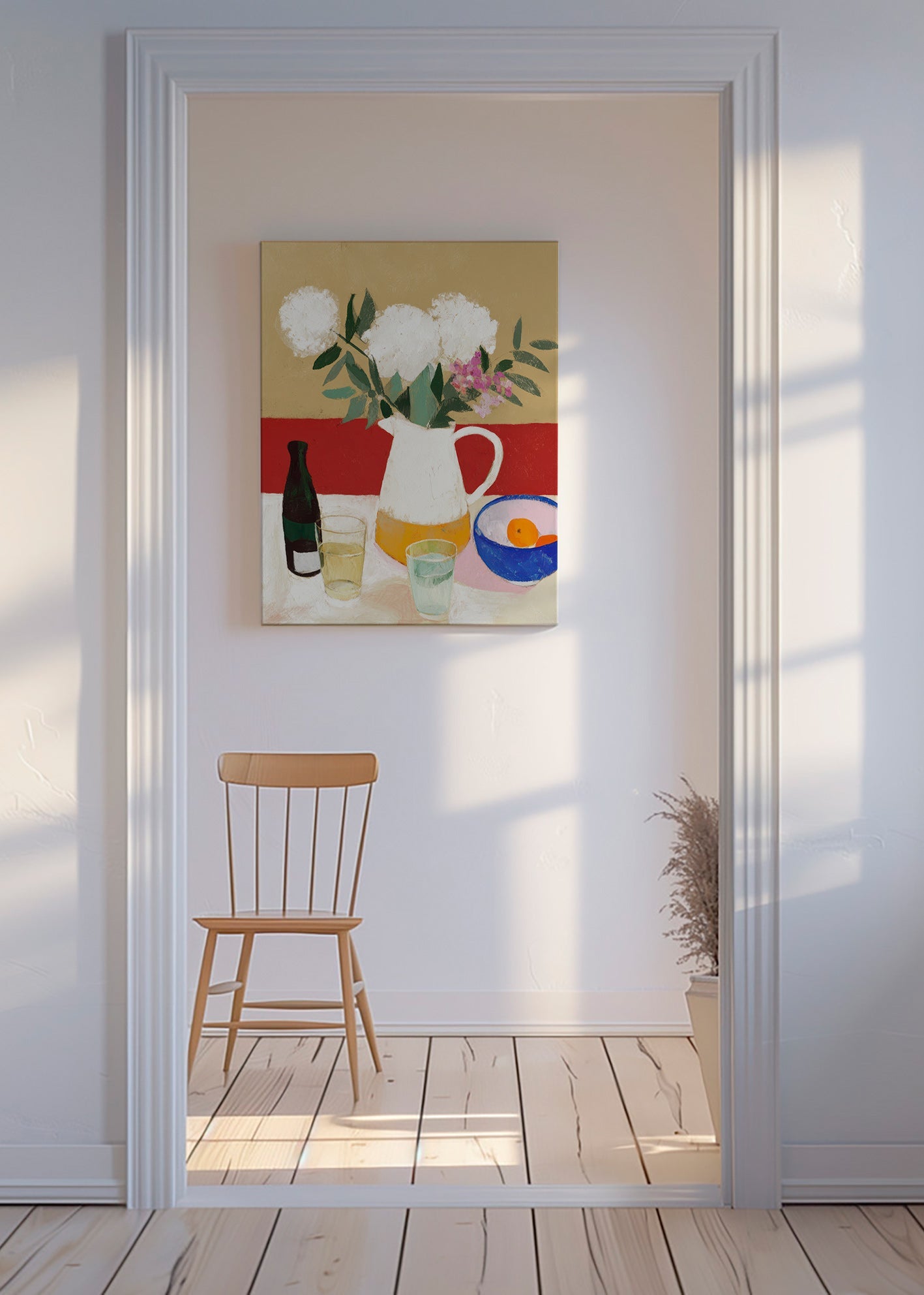 Botanische poster met vaas en witte bloemen – Canvas