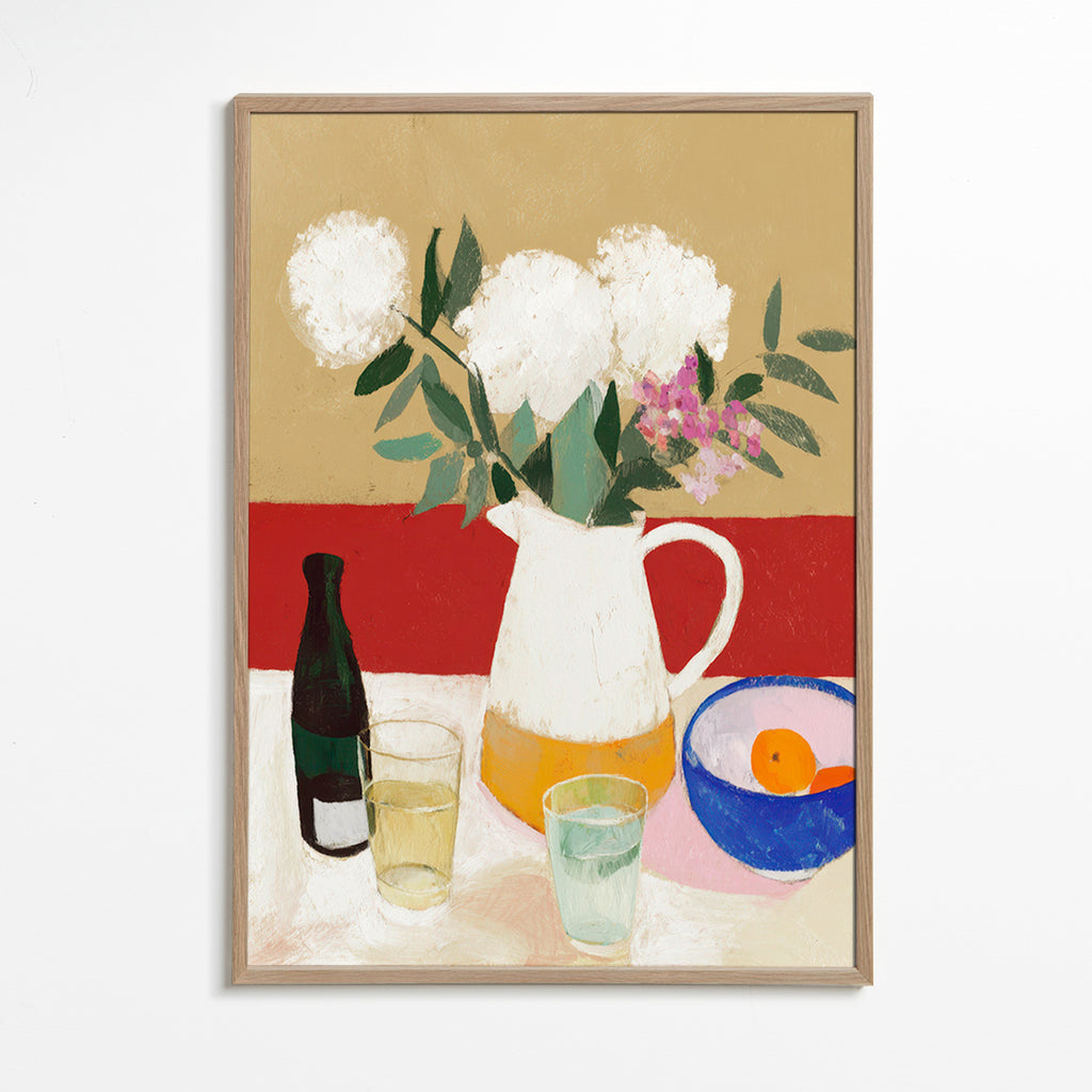 Botanische poster met vaas en witte bloemen – Oak Frame