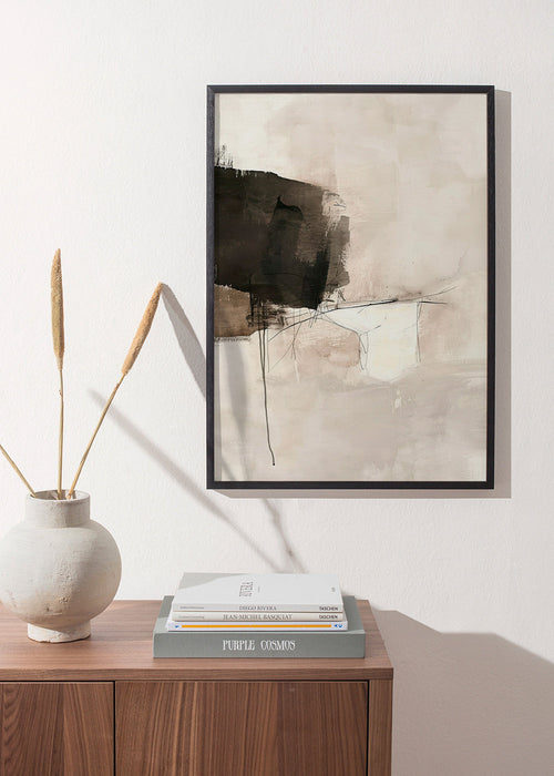 Abstract kunstwerk met zwarte vlek en subtiele lijnen – Product1