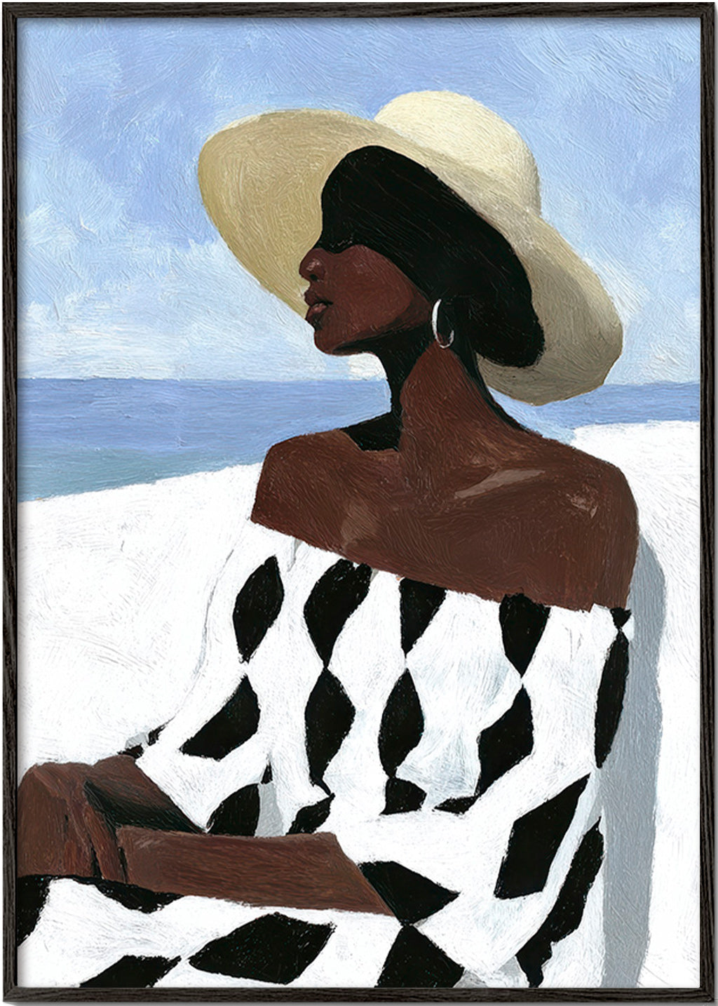 Illustratie vrouw aan zee met patroonjurk – Black Frame