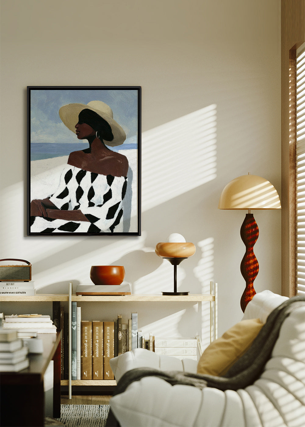 Illustratie vrouw aan zee met patroonjurk – Canvas2
