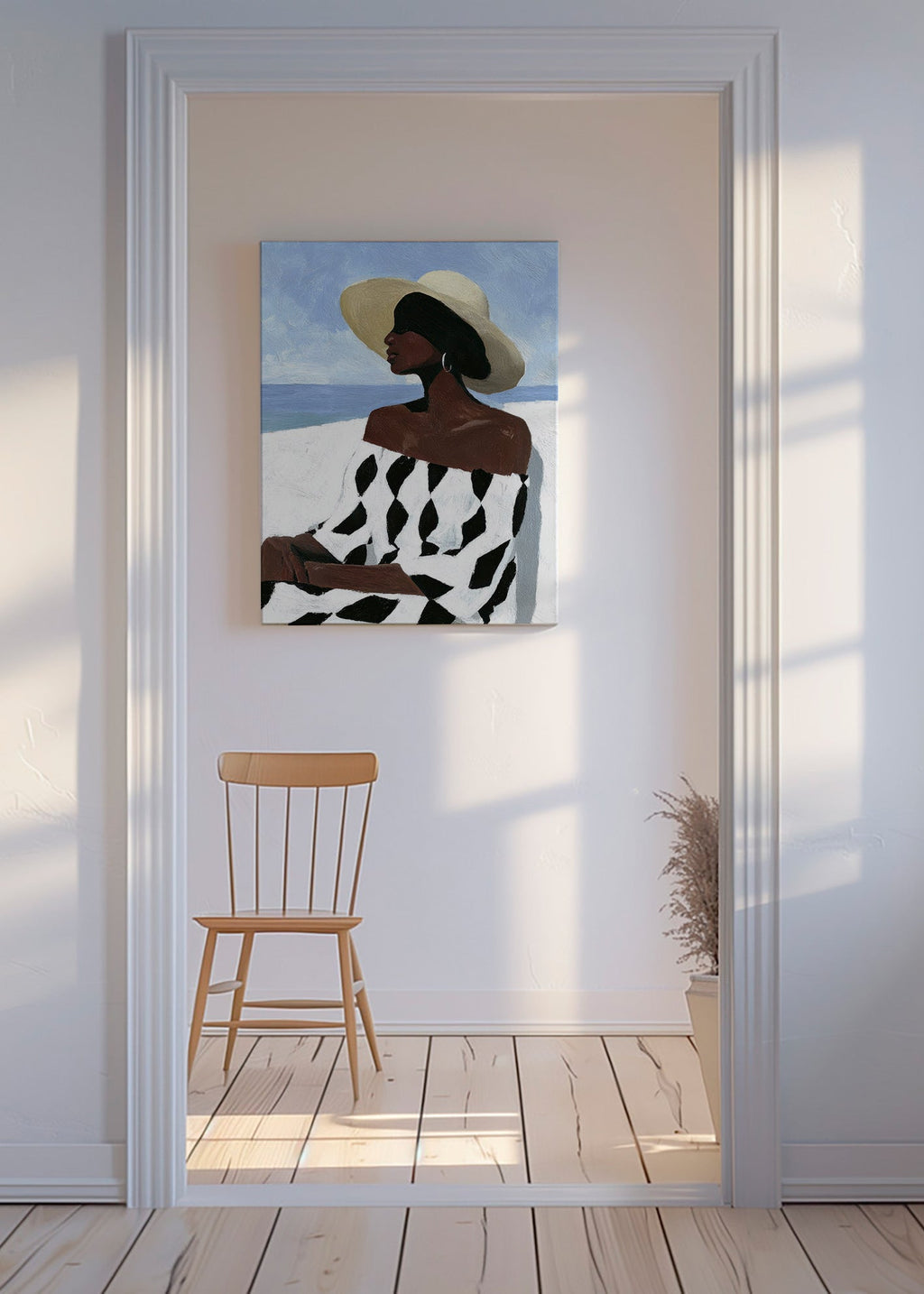 Illustratie vrouw aan zee met patroonjurk – Canvas