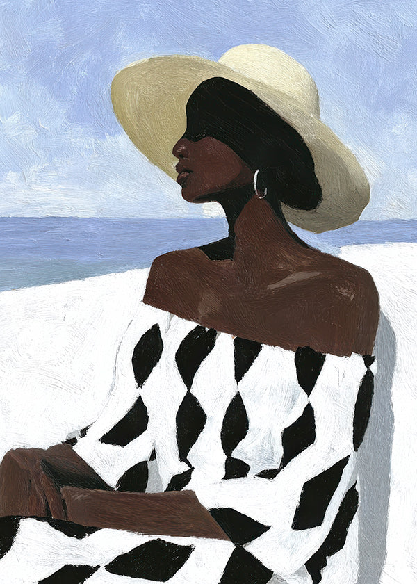 Illustratie vrouw aan zee met patroonjurk