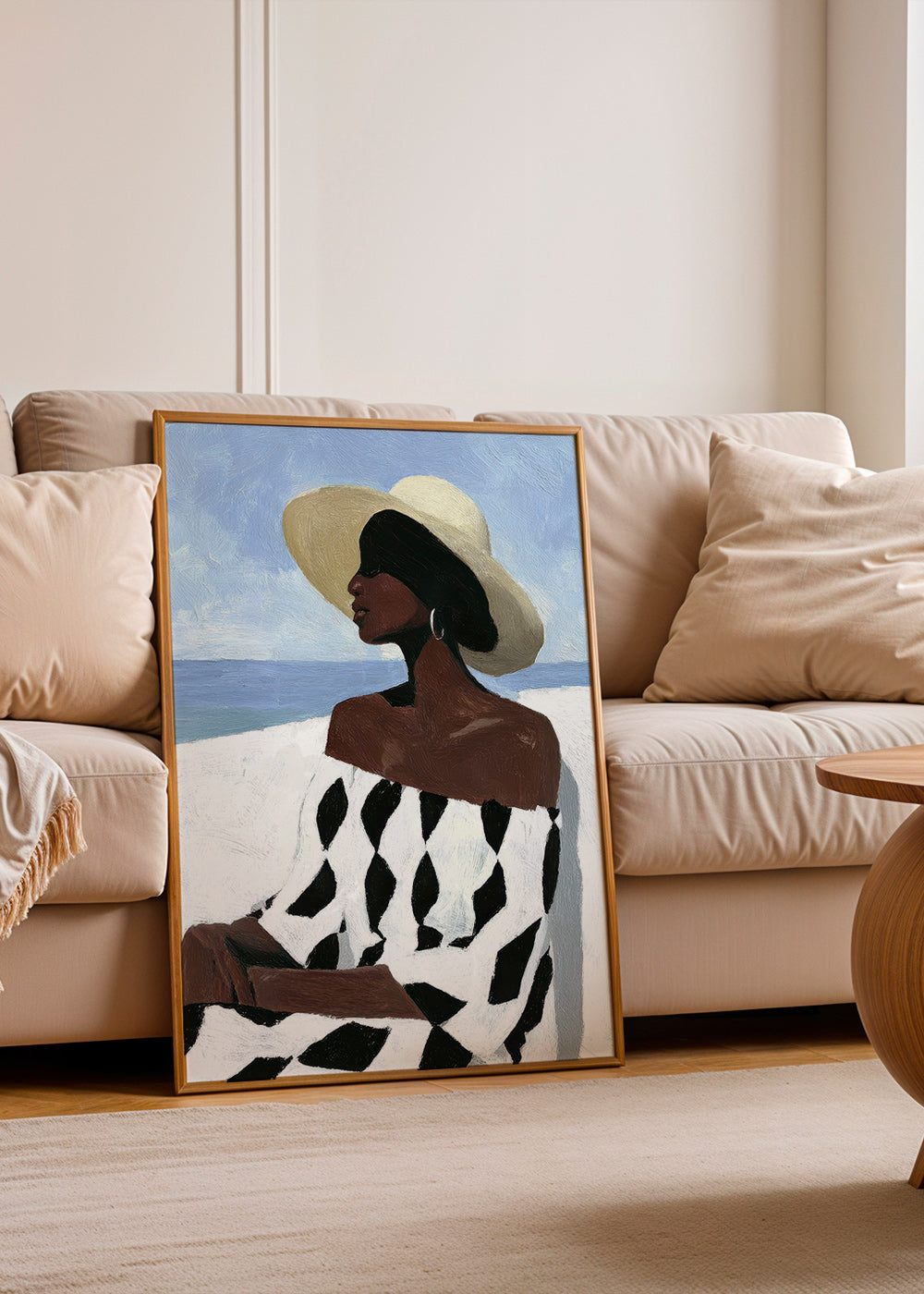 Illustratie vrouw aan zee met patroonjurk – Product1