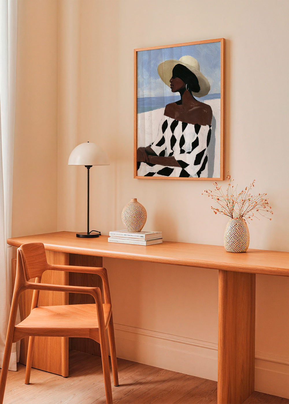 Illustratie vrouw aan zee met patroonjurk – Product2