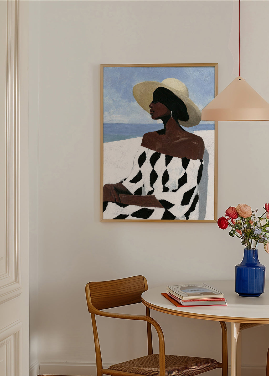 Illustratie vrouw aan zee met patroonjurk – Product3